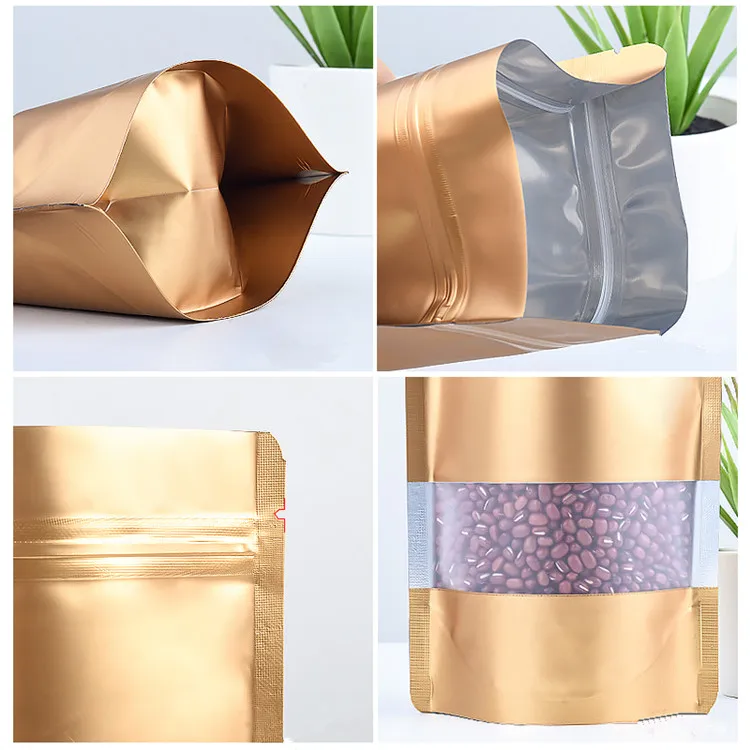 100PCS Stand Up Matte Gold Aluminum Foil Window Ziplock Packaging Bag Resealable Coffee Snack Candy Fish Feed Srorage Pouches