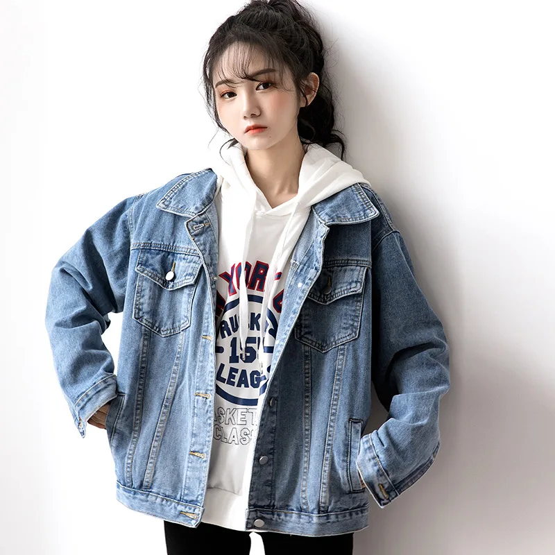 S-5XL BF Style Oversized Blue Denim Jackets For Women Spring Autumn Vintage Casual Loose Jean Outwear Coat