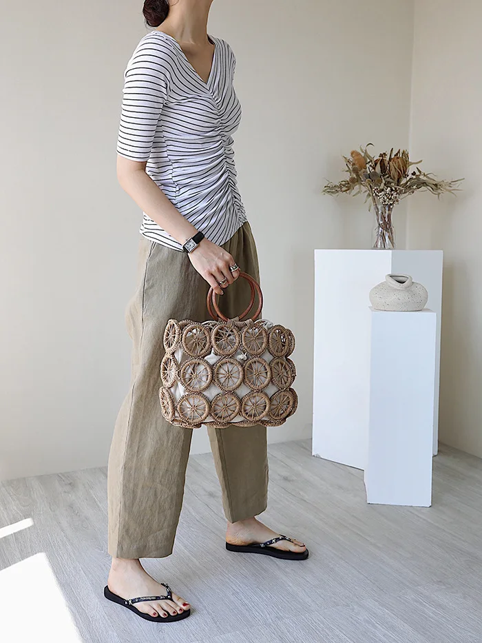 vintage hollow straw bags for women designer wooden handle rope woven handbags rattan summer beach large tote lady bali purses