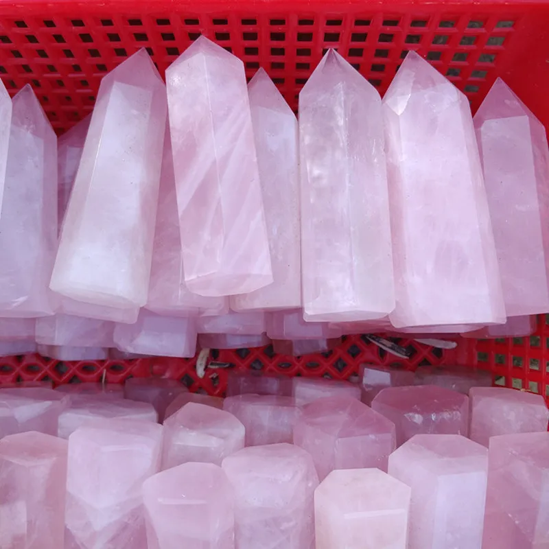 Natural Rock Pink Rose Quartz Crystal Wand Point Healing Mineral Stone Collection DIY Home Decor Hexagonal Treatment Stones