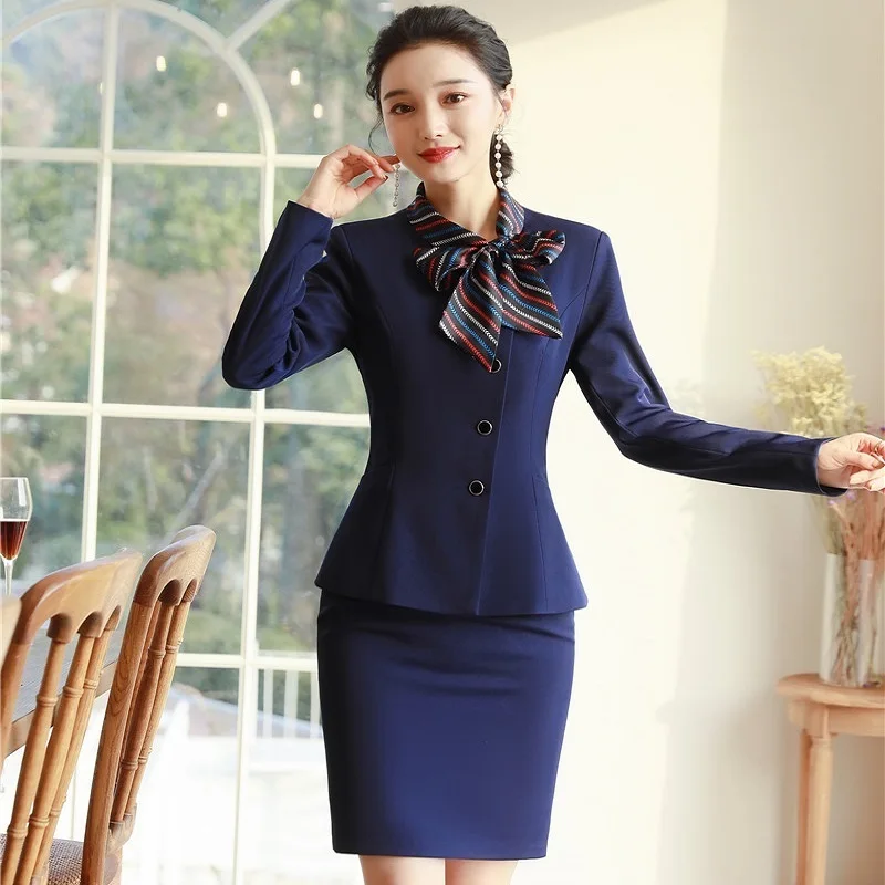 2021 Fashion Formal Uniform Designs Business Suits for Women OL Styles Professional Office Work Wear Blazers with Scarf Collar