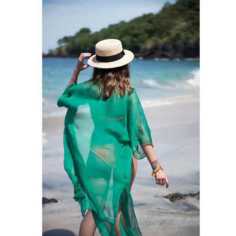 New Summer Solid Long Sleeve Bikini Cover Ups Ladies Beach Long Maix Kafan Swim Wear Beachwear Holiday Sundress