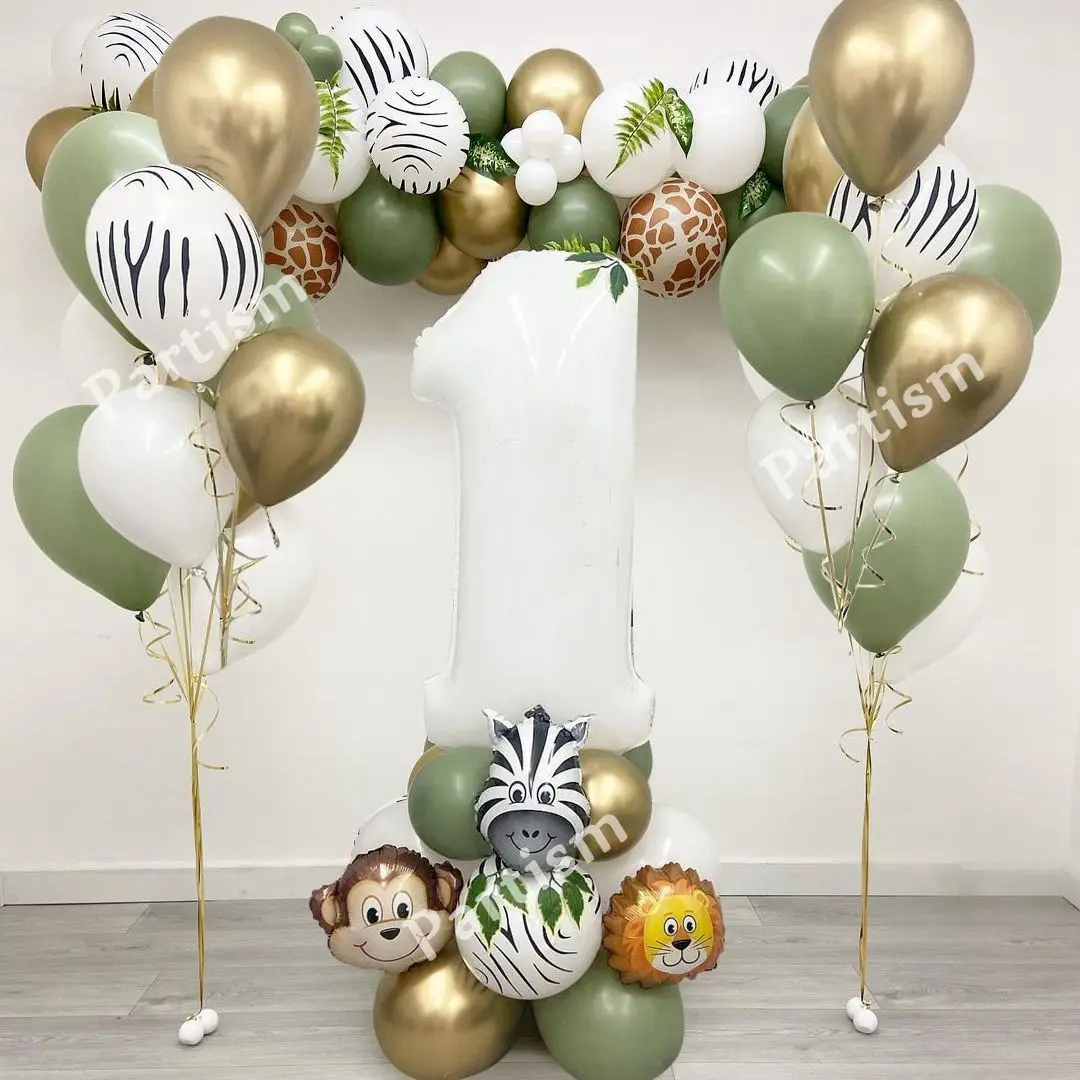 1SET Jungle Animal Balloon Kit With White Number Monkey Lion Foil Balls For Kids Birthday Party Decoration DIY Home Supplies