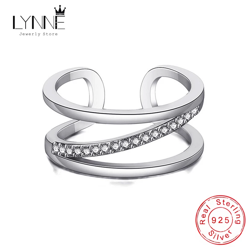 

Fashion Creative Slash Double Layer Rhinestone Resizable Ring 925 Sterling Silver Elegant Z Shape AAA Zircon Rings Women Jewelry