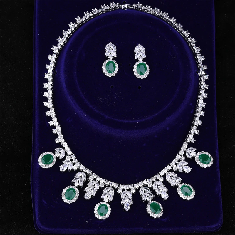 HUAMI Luxury Jewelry Women Bridal Wedding Costume Elegant Girl Trendy Green Color Water Drop Earring Pendant Necklace Set Gift