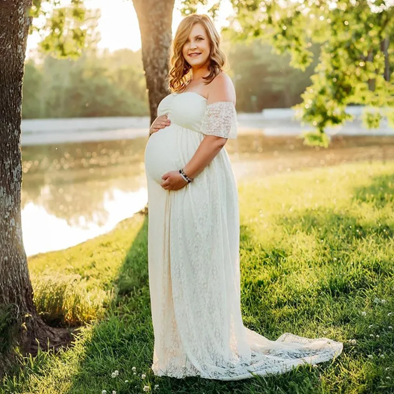 Vestido de maternidad con manga con volantes para mujer embarazada, maxivestido de encaje con hombros descubiertos para fotografía, vestidos elegantes de embarazo para sesión de fotos