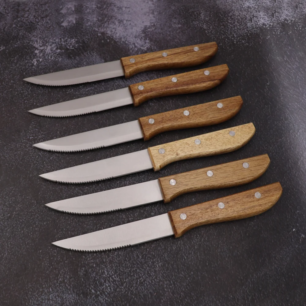 Jaswehome 6pcs/Set Stainless Steel Steak Knife Set Dinner Knife  With Wood Handle Table Knives Set Restaurant Cutlery Dinnerware