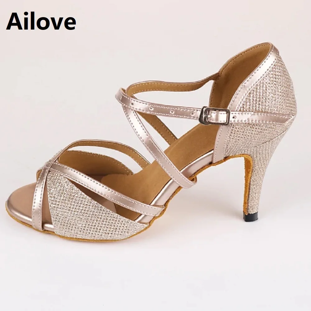 Women Ballroom Dance Shoes Gold Glitter Latin Salsa Tango Swing Rumba Waltz Peep-toe Dancing Sandals Multiple Heel Height ALS004