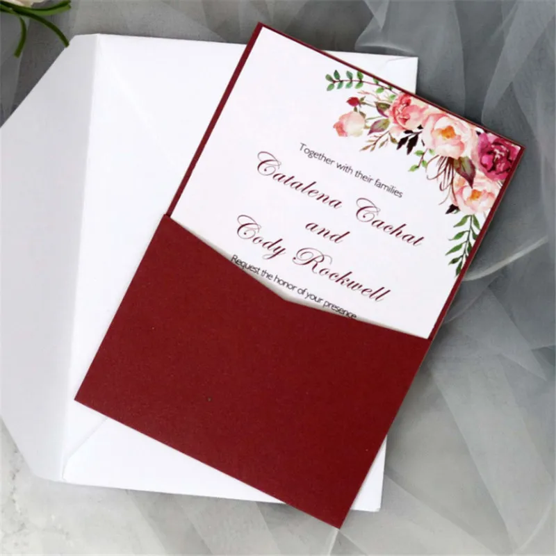 Simple pearl invitation card pocket burgundy gold navy blue white anniversary event party supply 50 pcs