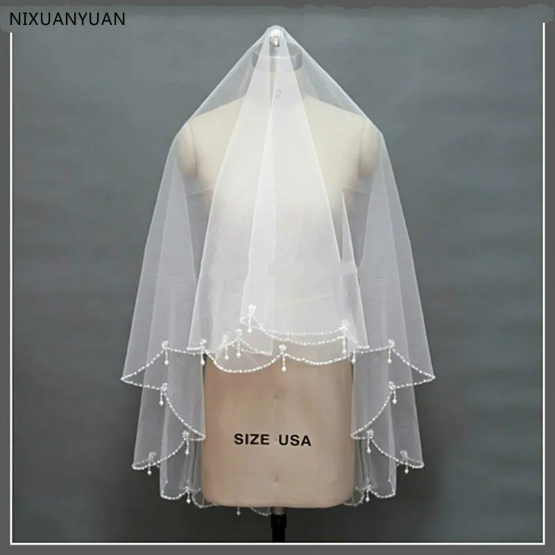 Wholesale Real Photos Beading Edge Wedding Bridal Veil White Ivory Bride Veils Two Layers Elbow Length Veil