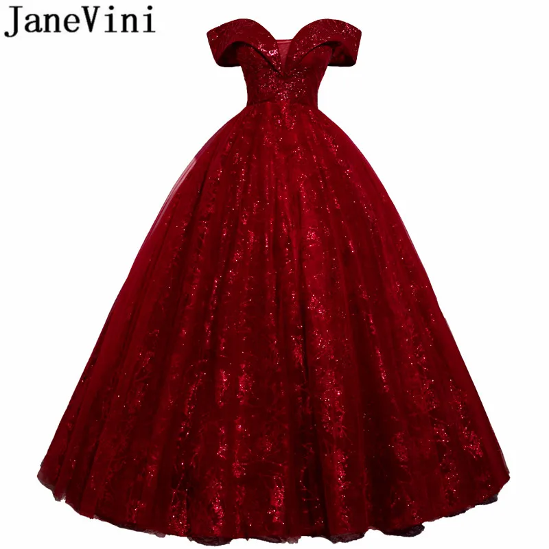 

JaneVini Burgundy Bling Glitters Quinceanera Dresses Ball Gown Formal Prom Gowns 2020 Off Shoulder Plus Size sweet 15 16 dresses