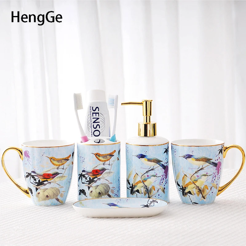 European Style Bone China Bathroom Mouth Cup Suit Toothbrush Cup Toothpaste Holder Home Bathroom Accessories Supplies Set