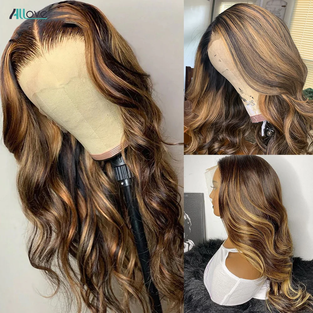 Allove-extensiones de pelo ondulado con cierre, Remy ombré brasileño mechones de pelo, Color marrón, P4/27