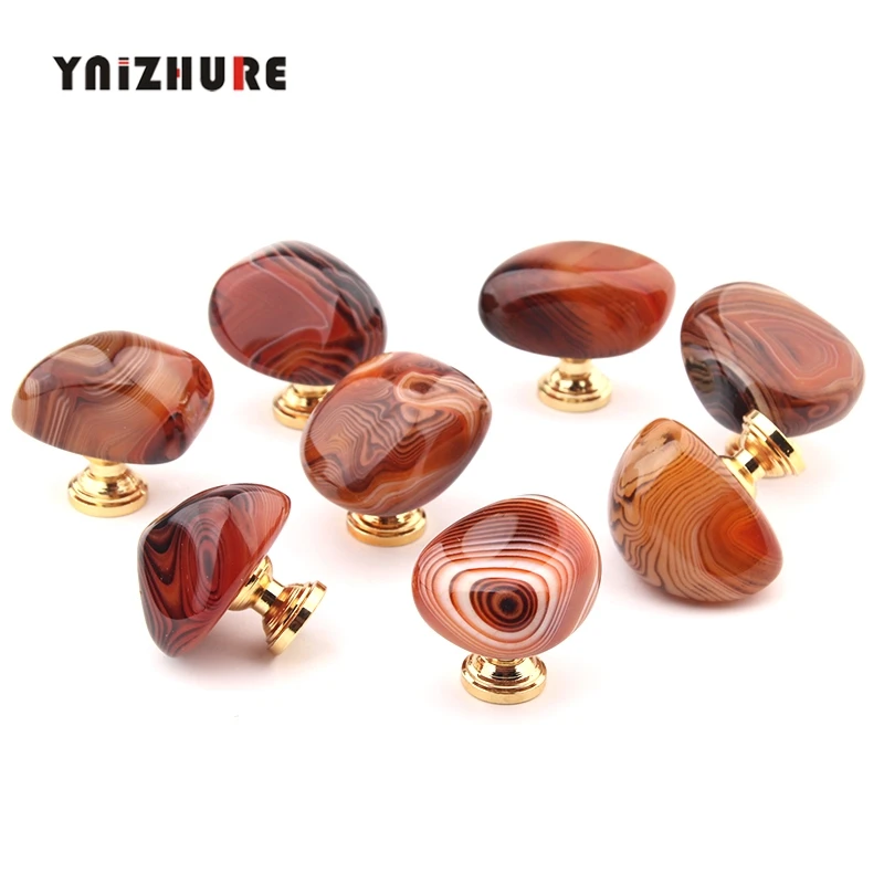 Luxury Natural Silk Red Agate Carnelian Handle Metal Base Drawer Cabinet Wooden Box Knobs Carnelian Kitchen Cabinet Pull Big