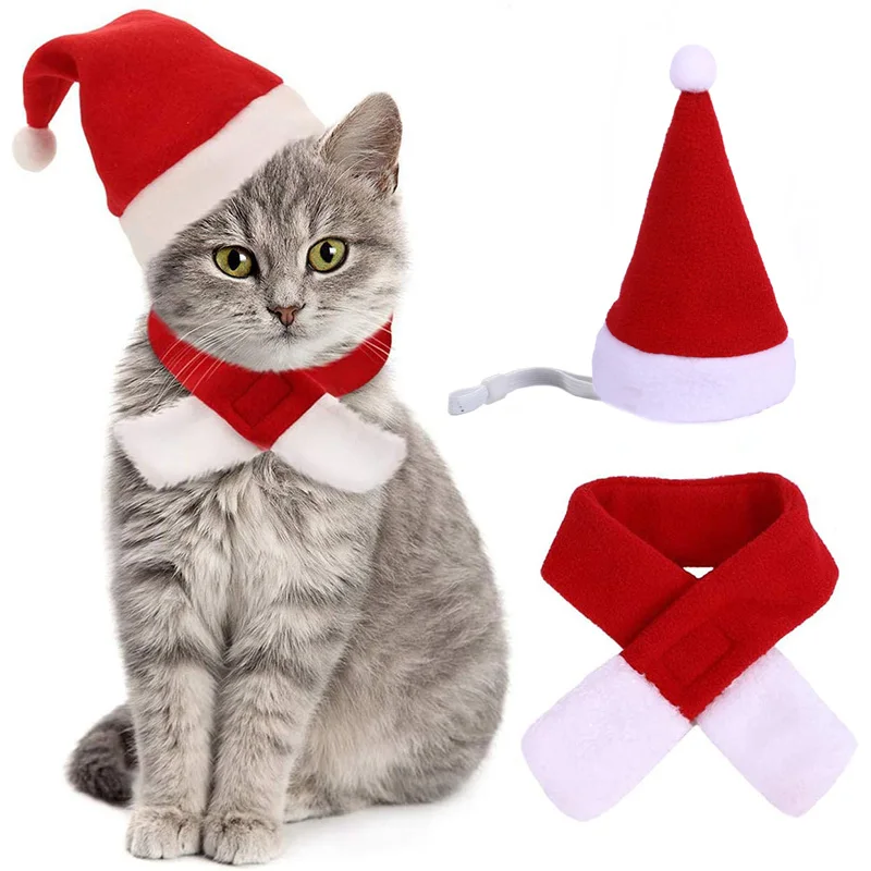 Pet Cat Dog Hat Red Scarf Christmas Pet Costume Set Adjustable Dog Santa Hat Christmas Scarf for Puppy Kitten Small Cats Dogs