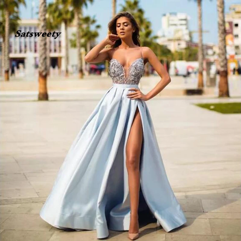 

Sky Blue Satin Evening Dress A-Line Sexy High Split Top Lace Long Prom Gown Celebrity Graduation Dress vestidos de gala