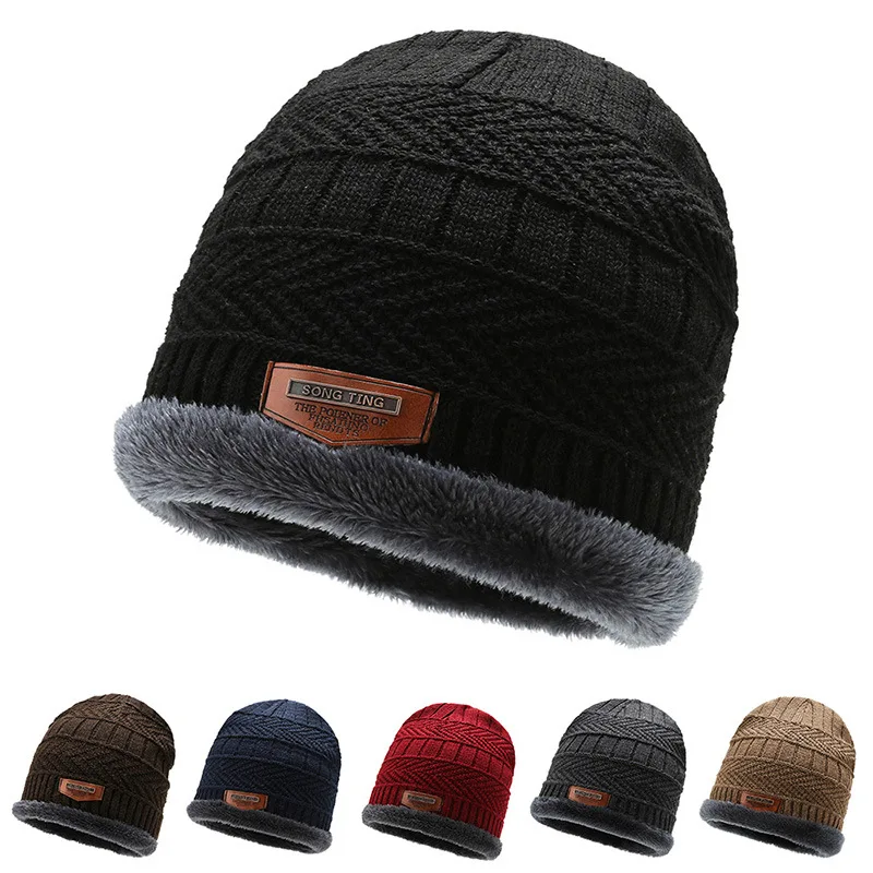 New Unisex Letter Beanie Hat Leisure Add Fur Lined Winter Hats For Men Women Keep Warm Knitted Hat Fashion Solid Ski Bonnet Cap