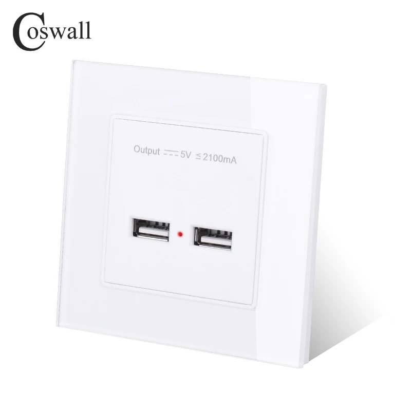 COSWALL Wall Power Socket Dual USB Smart Induction Charging Port For Mobile 5V 2.1A Output Crystal Tempered Glass Panel