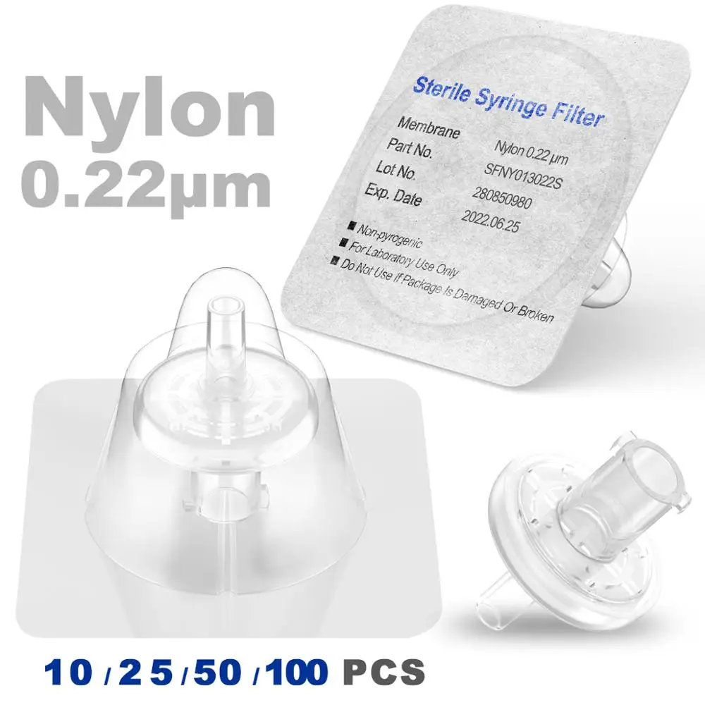 Filtros de jeringa estériles, membrana de nailon 0.22um tamaño de poro, 13mm de diámetro, 10/25/50/100 piezas embalados individualmente por ks-tek