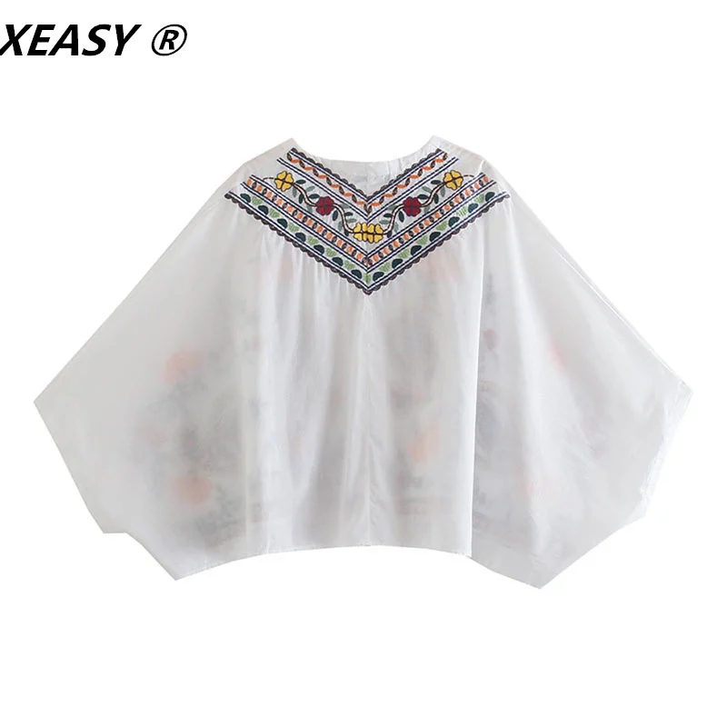 XEASY-conjunto Vintage de 2 piezas para mujer, camisa bordada con manga de murciélago y flores, de cintura alta minifalda, trajes dulces, 2021