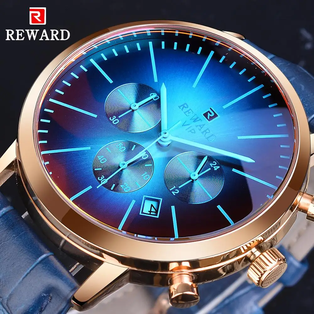 REWARD Rose Golden Case 3 Fashion Dial Blue Genuine Leather Quartz Men Military Sport Wrist Watches Top Brand Luxury Male Clock