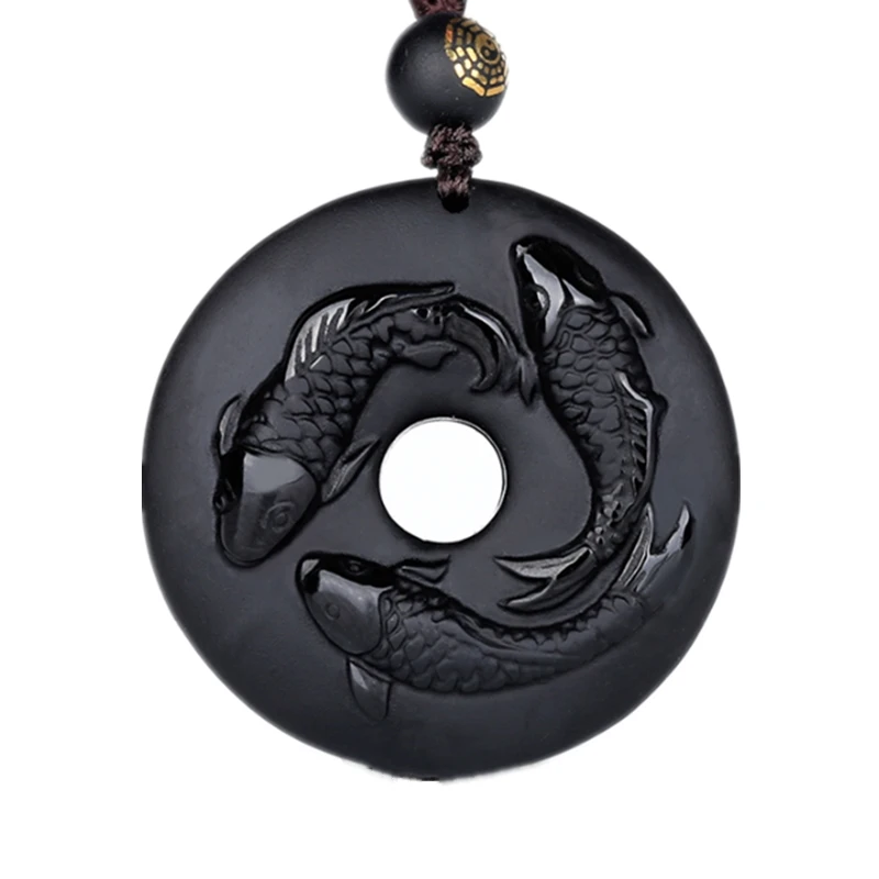 Natural Obsidian Three Carp Circle Necklace Pendant Hand-carved Black Gem Donut Lucky Amulet Unique Gift