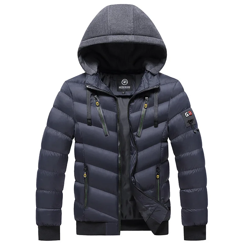 2021 Cotton-padded Jacket Men\'s Winter Hooded Jacket Solid Color Casual Plus Velvet Silk-like Cotton Jacket