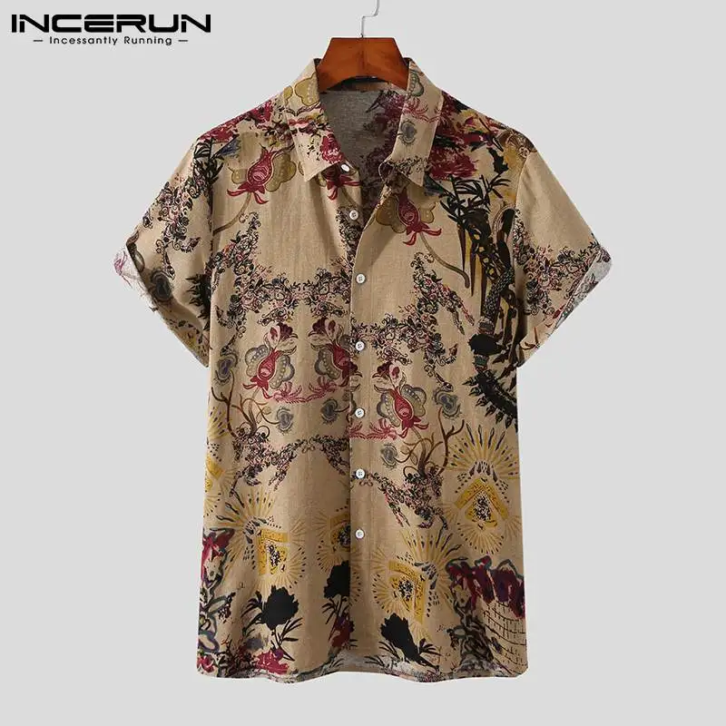 INCERUN 2024 Men Shirt Printing Cotton Lapel Short Sleeve Summer Vintage Camisas Button Streetwear Casual Hawaiian Shirts S-3XL