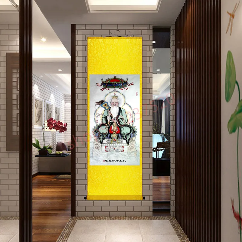 (customized)  Lord Lao Zi portrait, Daoism, Sanqing morality Tianzun God, a scroll painting of silk decoration