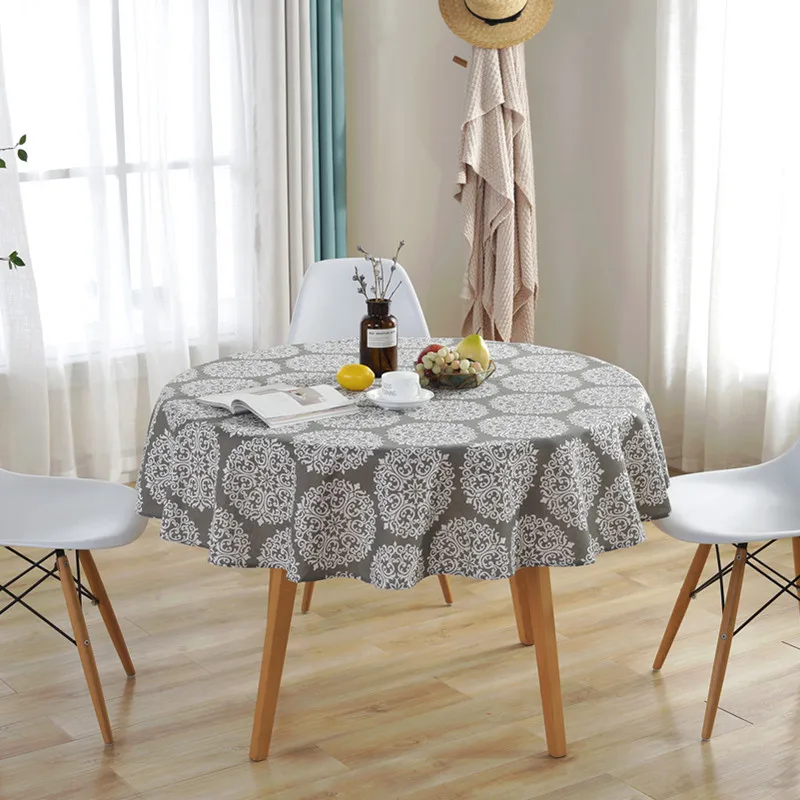 

Nordic polyester cotton round table cloth grey retro floral cotton and linen printed tablecloth