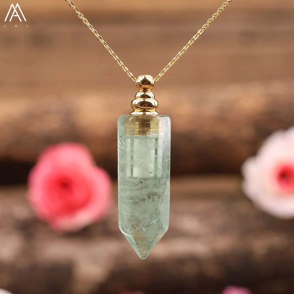 Green Fluorite Prism Point Perfume Bottle Pendant Necklace Gold Plated Essential Diffuser Jewelry