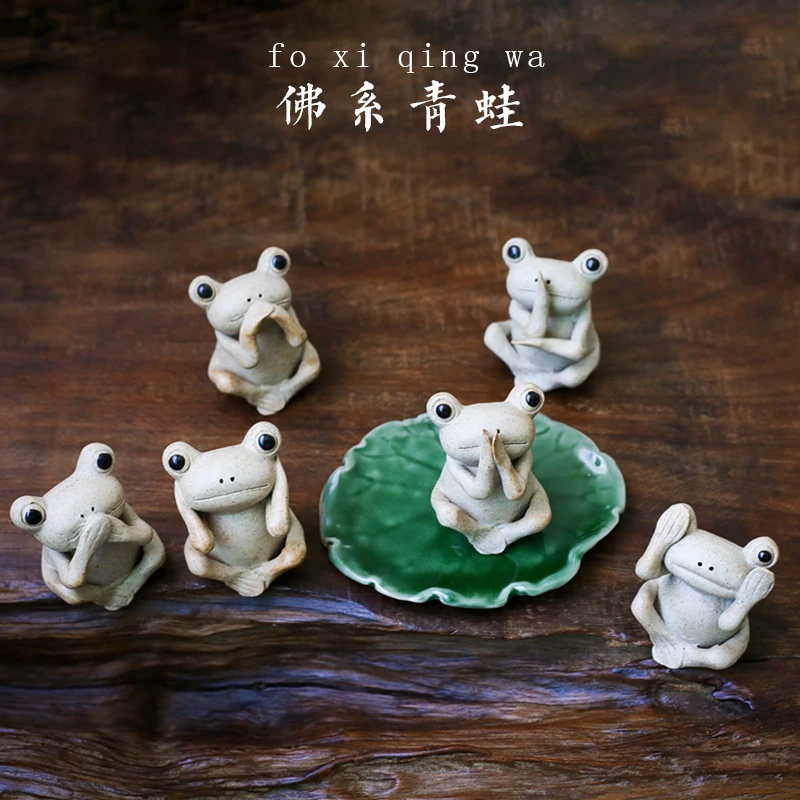 

Ceramic Frog Tea Pet with Lotus Leaf, Lovely Figurines, Fairy Garden Miniatures, Tea Cup Accessories, Arts and Crafts Gifts