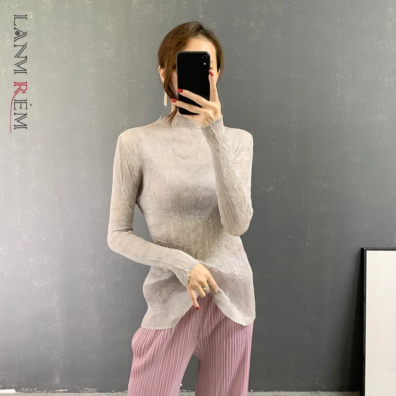 

LANMREM 2024 Spring New Pleated T Shirt Women Slim Long Sleeve Half-high Neck Solid Color Folds Shirts Top Female Fashion 2W725