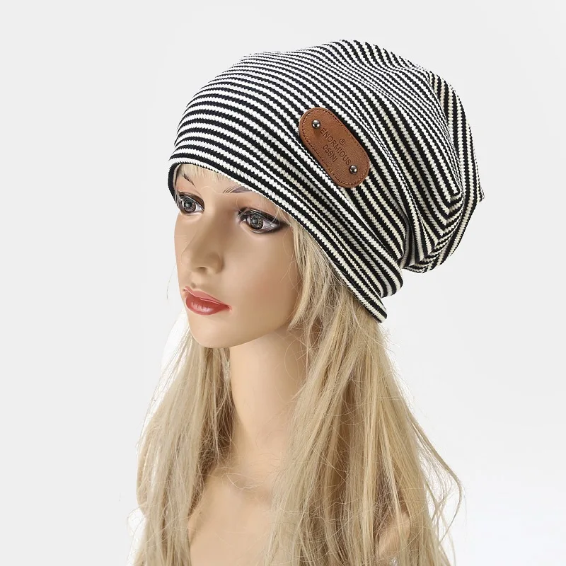 Striped Print Women Hat Ladies Autumn Winter Hats Fashion Hip-hop Slouchy Beanie Girls Chapeu Feminino Cotton Cap