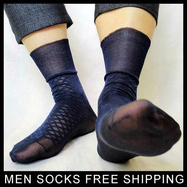 Nylon Zijde Mens Sheer Sokken Dunne See Through Formele Rokkostuum Mannelijke Sokken Plaid Mode Stijl Transparante Slang Sox