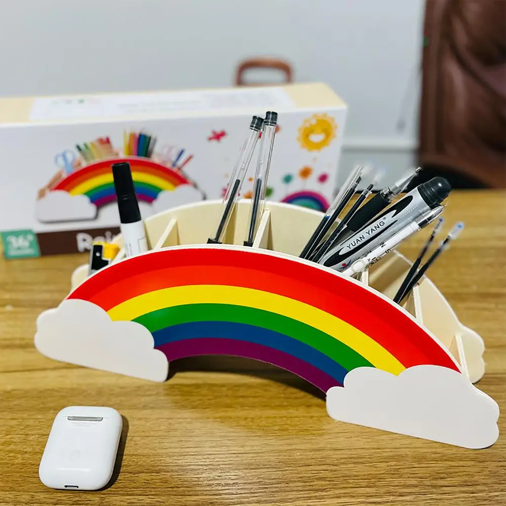 Desk Organizer Wooden Pen Pencil Holder-Rainbow Desktop Stationery Organizer Cute Rainbow Pencil Holder For Kids Girl Desk Organ