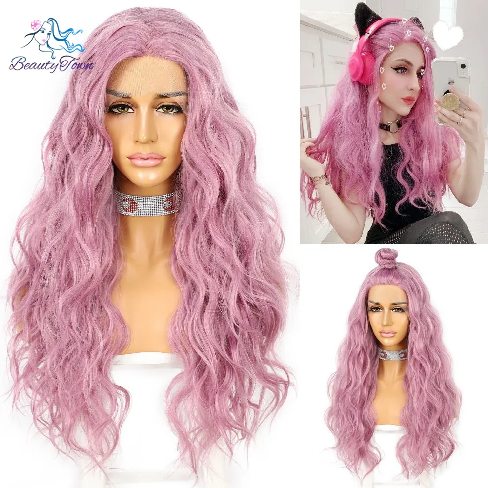 BeautyTown Pink Color Natural Water Wave Lace Front Wig for Women Heat Resistant Fiber Cosplay Makeup Wedding Party Wigs