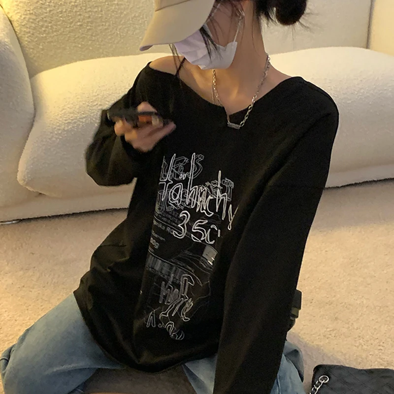 Y2K T-shirt Fairy Grunge 2023 Vintage Letter Print Tops Black Autumn Off Shoulder Long Sleeved Korean Tees Loose Harajuku Shirt