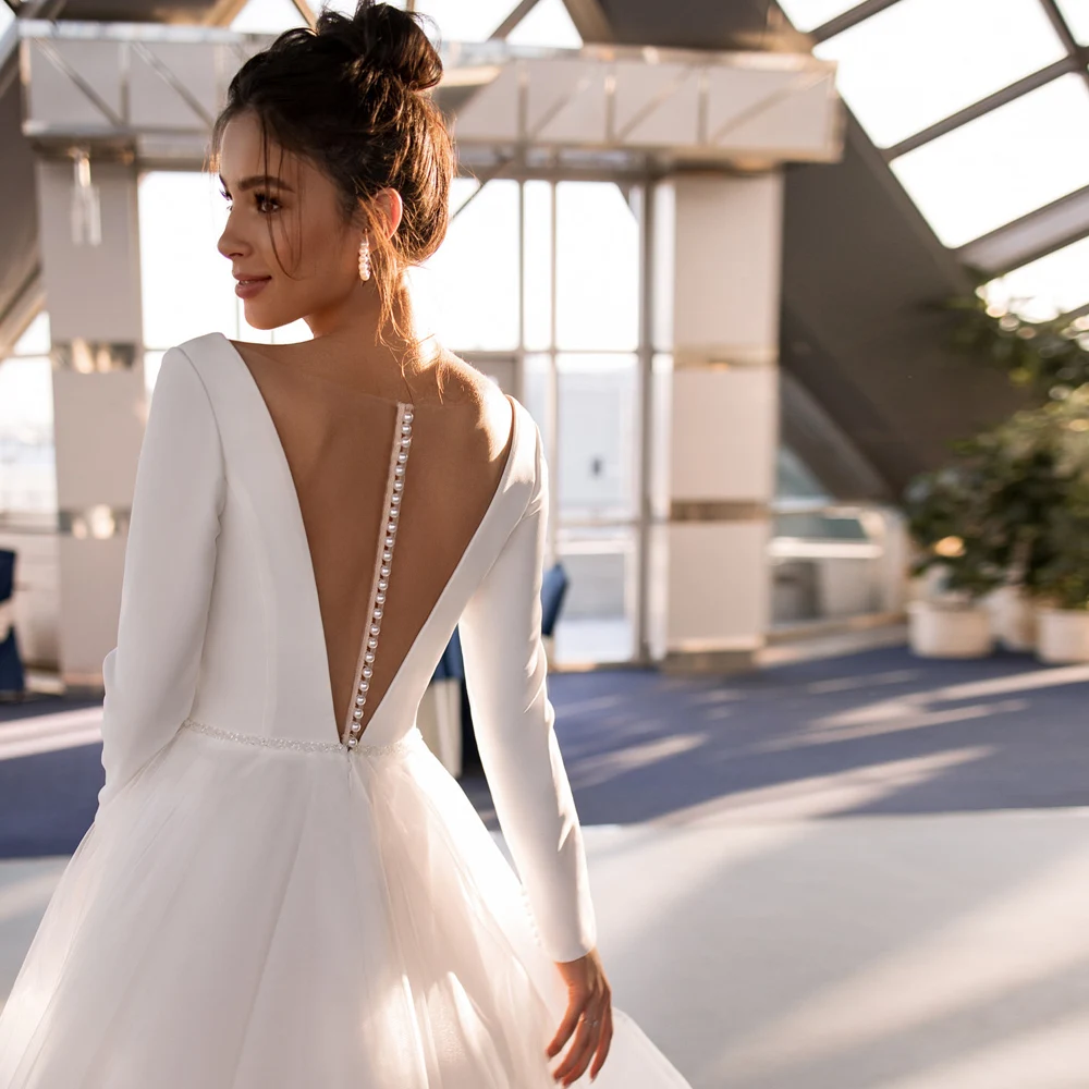 Jiayigong White Ivory Wedding Dress Elegant Long Sleeves V Neck Beading Belt Bridal Gown A Line Short Wedding Dresses