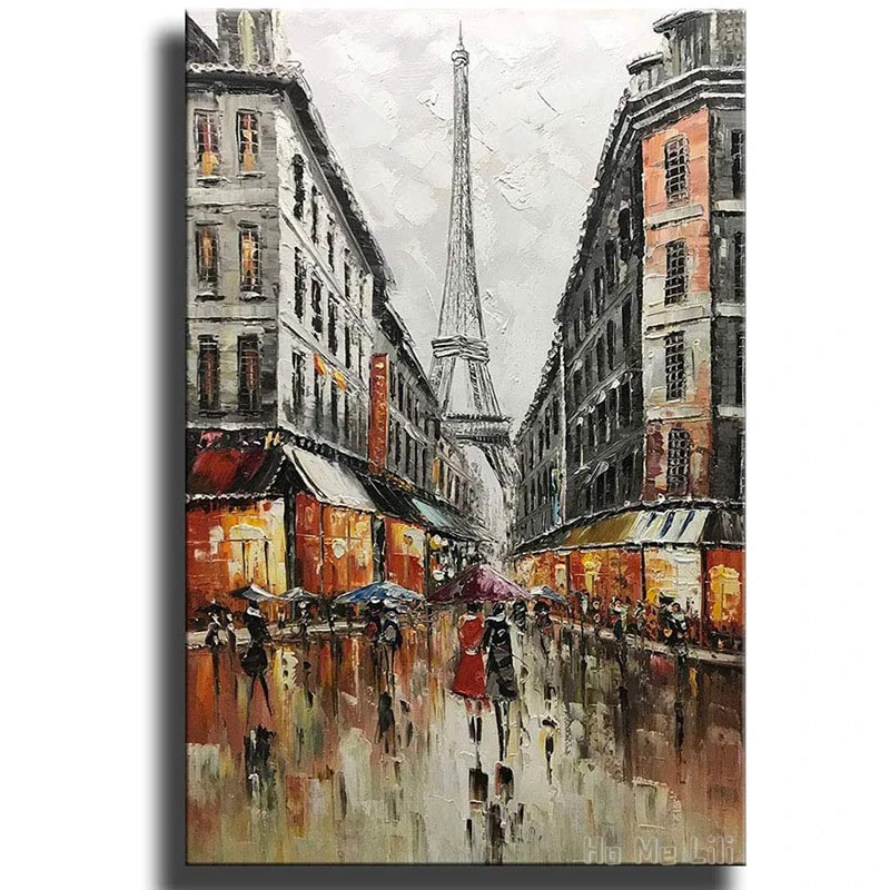 Hand-painted Eiffel Tower Canvas By Ho Me Lili Wall Art Abstract Couple Painting Vertical Paris Artwork For Home Decor