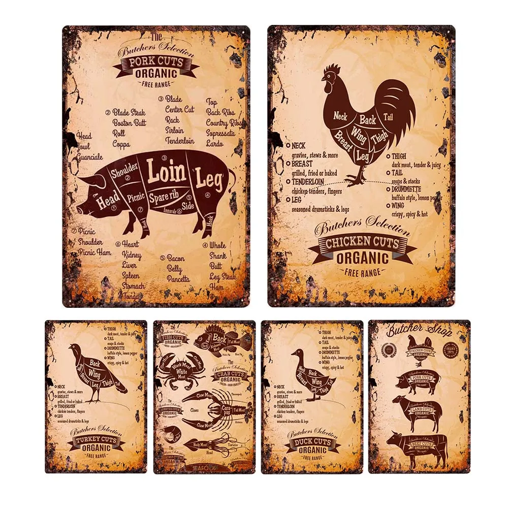 Slaughterhouse Metal Sign Beef Pig Duck Metal Poster Vintage Decoration Kitchen Wall Stickers Plaque Tin Painting Plate 20x30cm