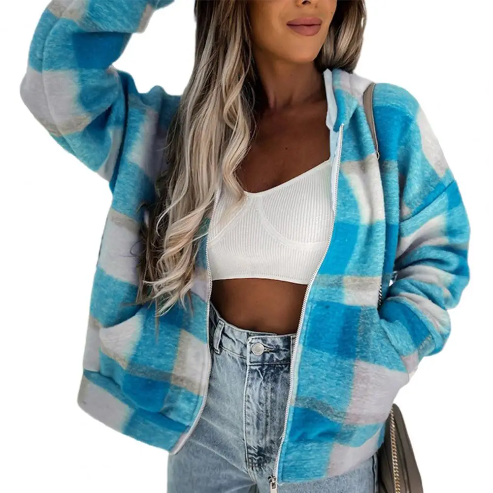 Women Hooded Jacket Plaid Fleece Sweater Coats Sport Warm Outwear Thick Female Clothing Hooded Autumn Spring Jackets