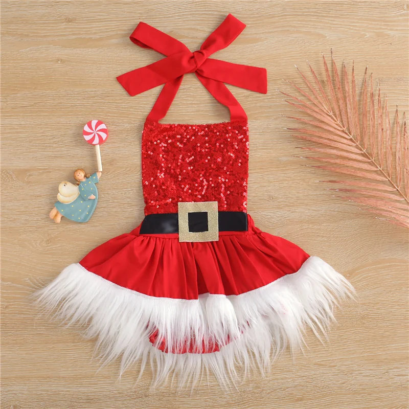 Blotona Baby Girl Sequins Romper Dress, Christmas Plush Santa High Waist Hanging Neck Plaid Loose Backless Midi Dress 0-24Months