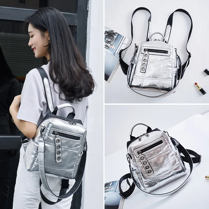 atinfor Brand Silver Mini Backpack Women Waterproof PU Leather Rucksack Girls Small Shoulder Bag Travel