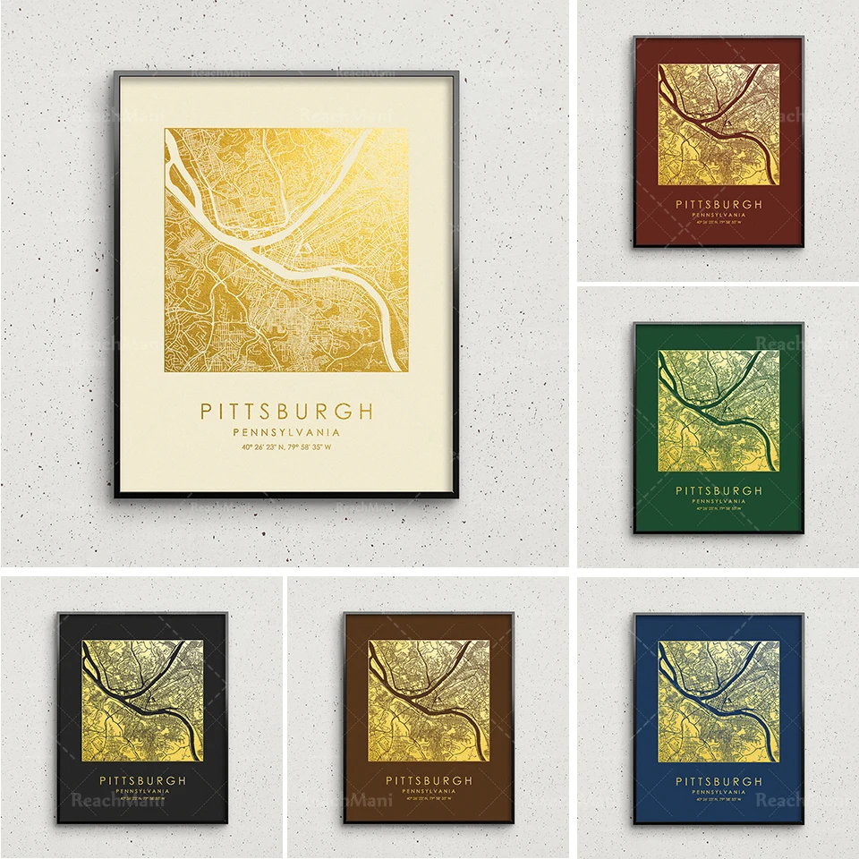 Pittsburgh map printing, gold and silver Pittsburgh square map, Pittsburgh wall decoration, Pittsburgh street map, map gift