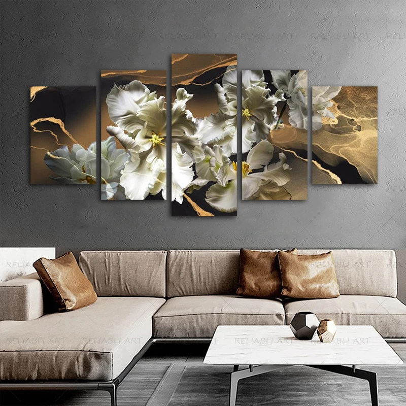 5 Panels Golden Flower Posters Abstract Oil Painting On Canvas Abstract Art Wall Pictures For Living Room Posters And Prints