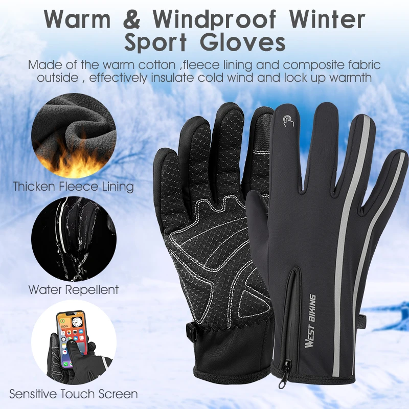 WEST BIKING Reflective Sport Gloves Winter Thermal Fleece Gloves Touch Screen Outdoor Skiing Motorcycle MTB Cycling Equipment