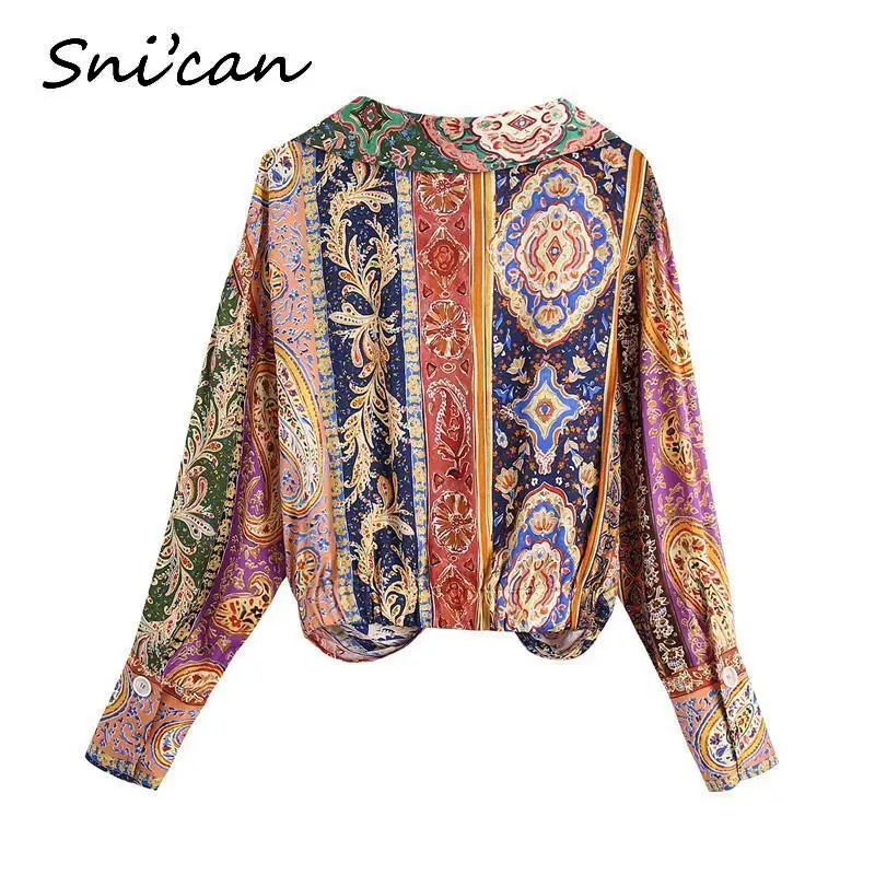 Purple Paisley Knots Boho Satin Blouse Turn Down Collar Long Sleeve Women Shirts Za 2021 Female Oversize Casual Chic Tops Femme