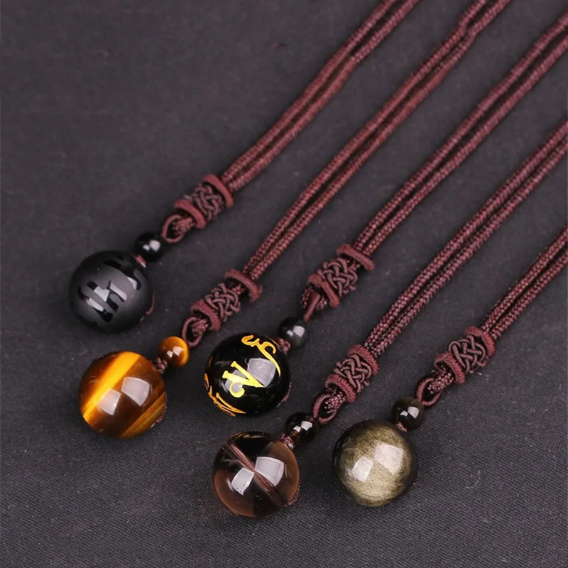 Natural Stone 16mm Black Obsidian Tiger Eye Stone Pendant Necklace Transfer Lucky Amulet Crystal Pendant Necklace For Men Gifts