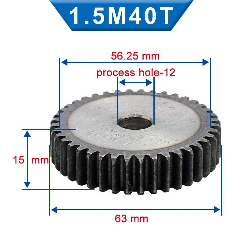 1 Piece 1.5M Spur Gear  40/41/42/43 Teeth 12 mm Process Hole Gear Wheel Low Carbon Steel Material Flat Gear Total Height 15 mm